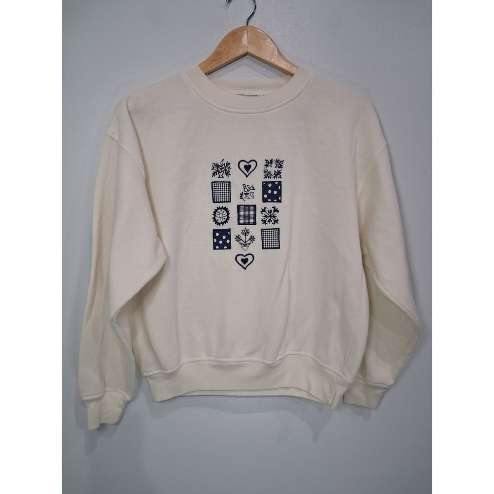 Vintage Separate Issue Cream Embroidered Folk Art Heart Crewneck Sweatshirt M
